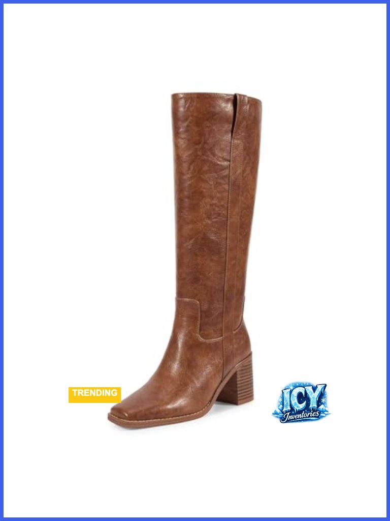 Faux Leather Knee High Riding Boots With Chunky Block Heel And Side Zipper